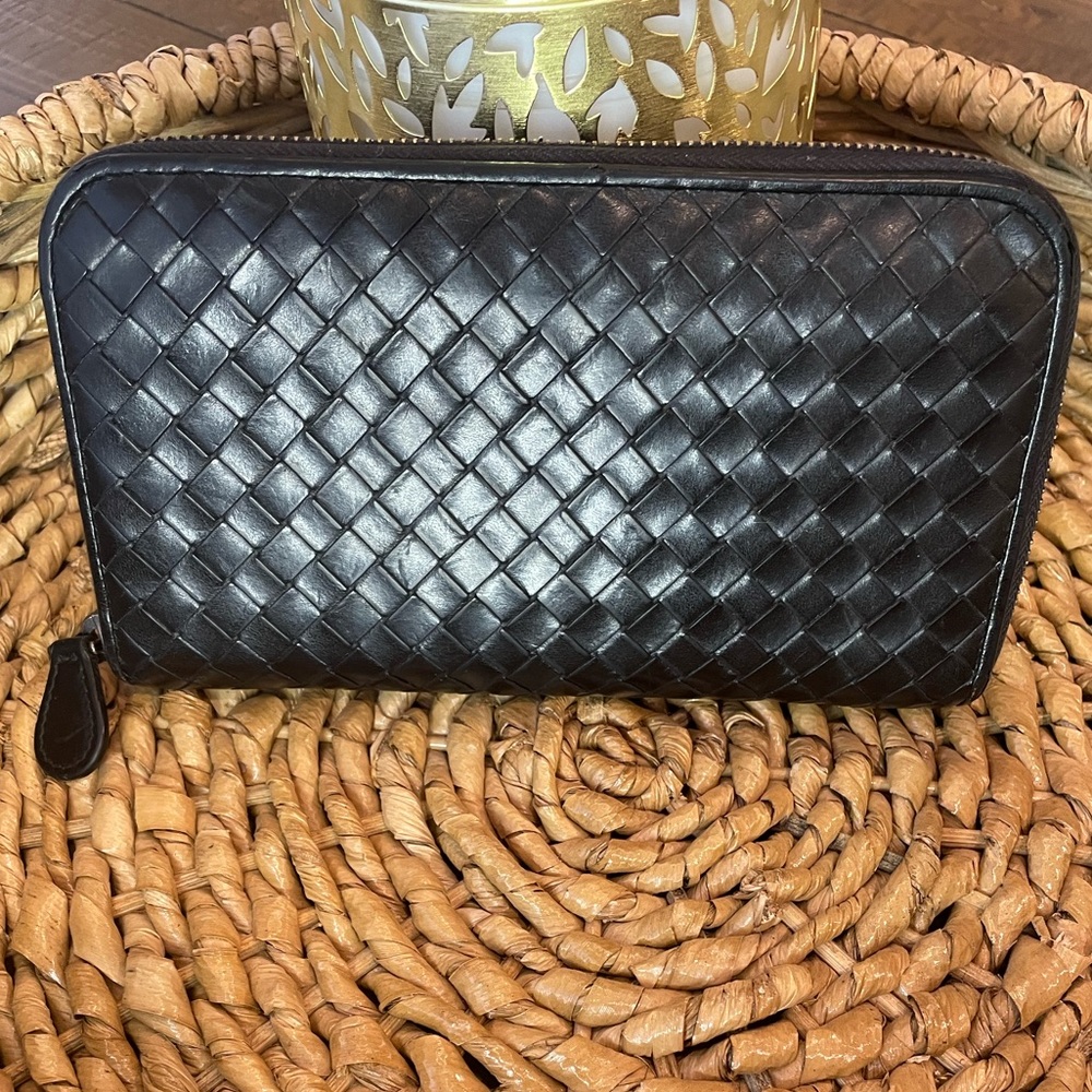 Bottega Veneta Black Intrecciato Zip Around Wallet
